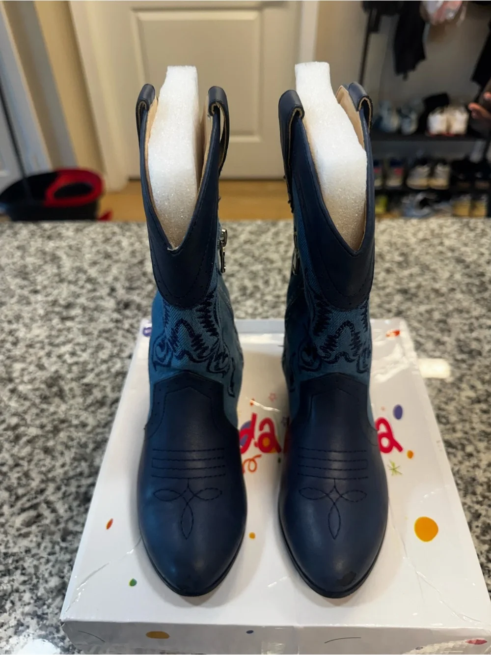 Girl 13y Navy Western Ankle Boots - Classic Embroidered Style